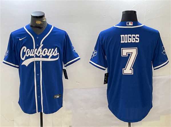 Mens Dallas Cowboys #7 Trevon Diggs Royal With Patch Cool Base Stitched Baseball Jersey